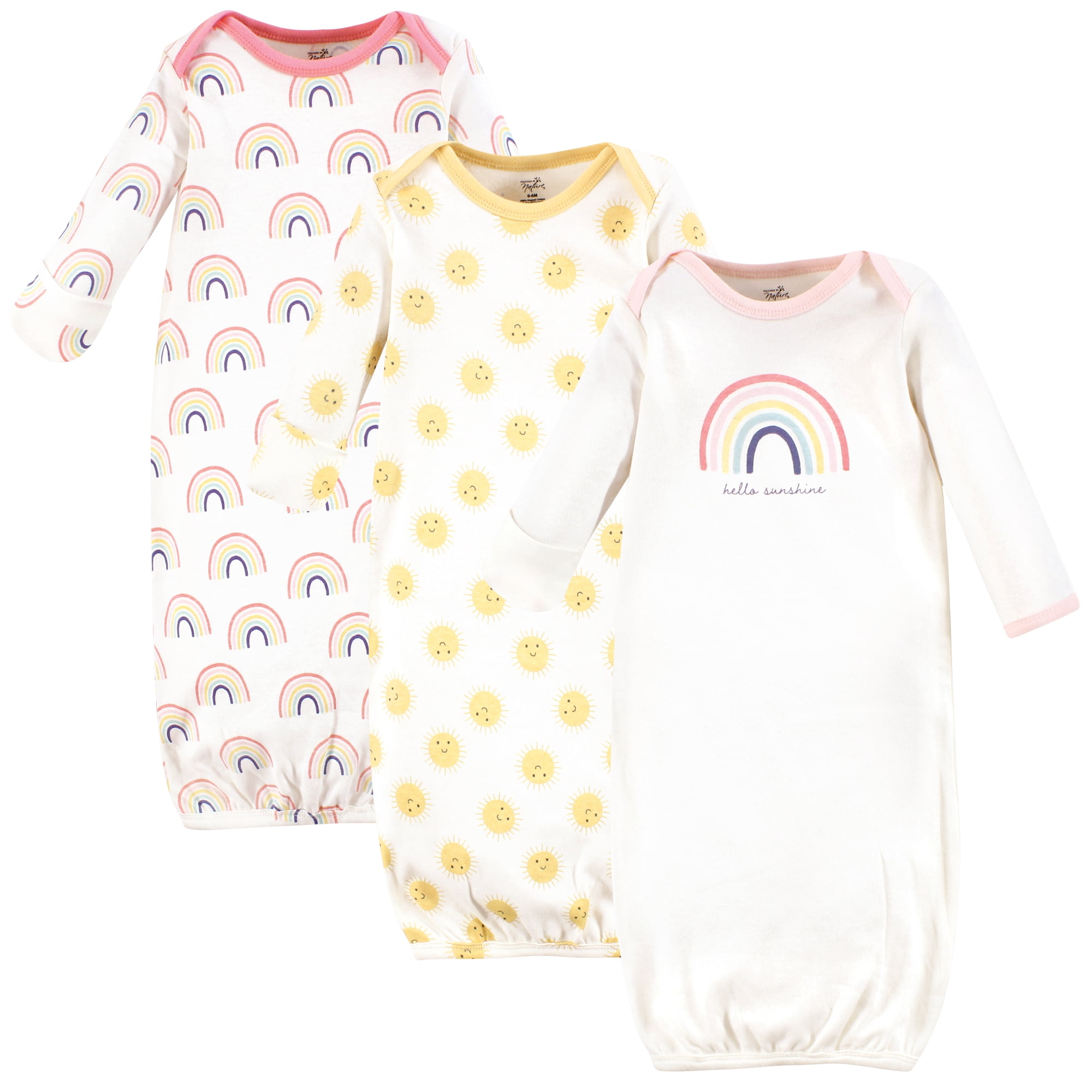 Touched by Nature Baby Girls Organic Cotton Gowns, Rainbows And Sunshine, Preemie-Newborn