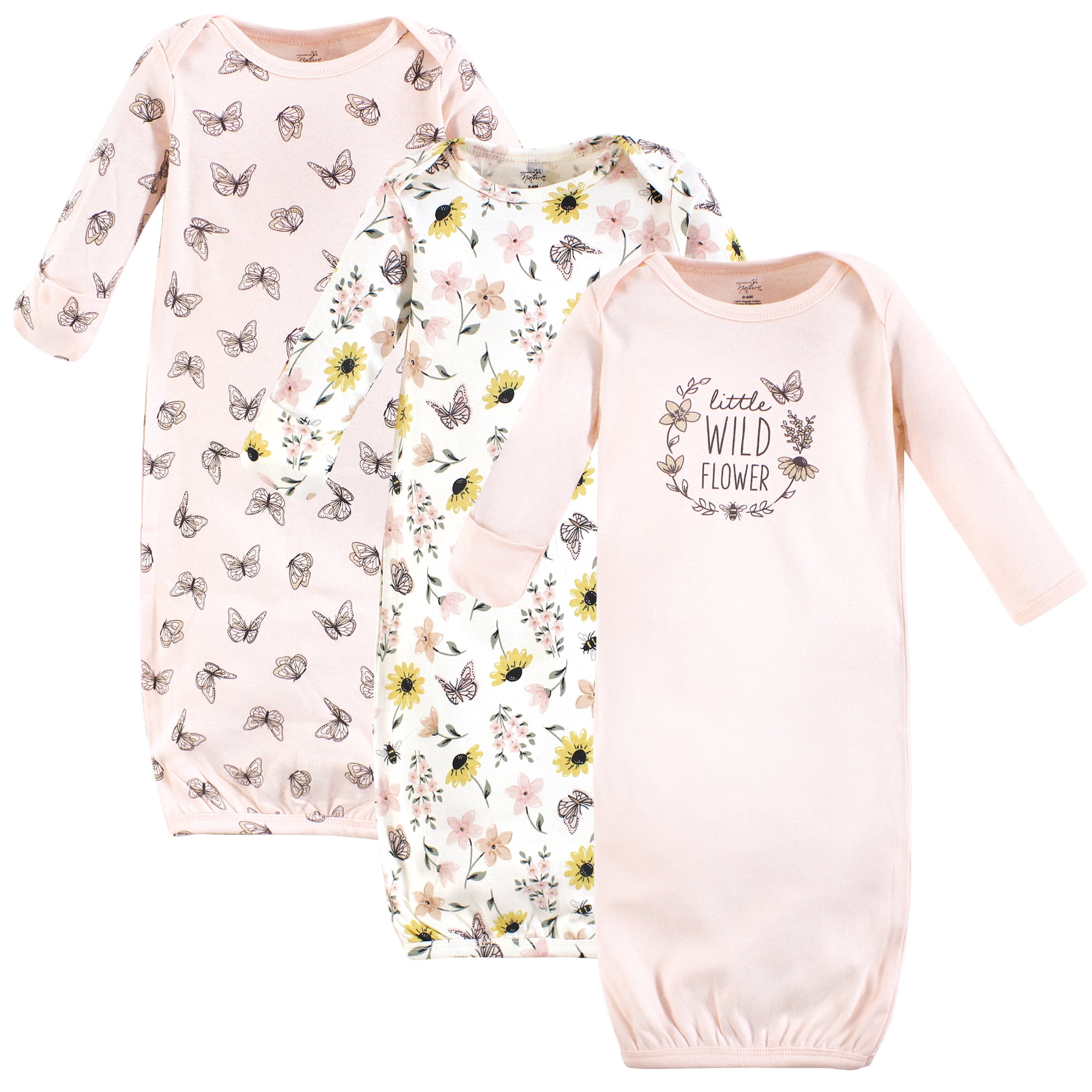 Touched by Nature Baby Girls Organic Cotton Gowns, Soft Wildflower, 0-6 Months