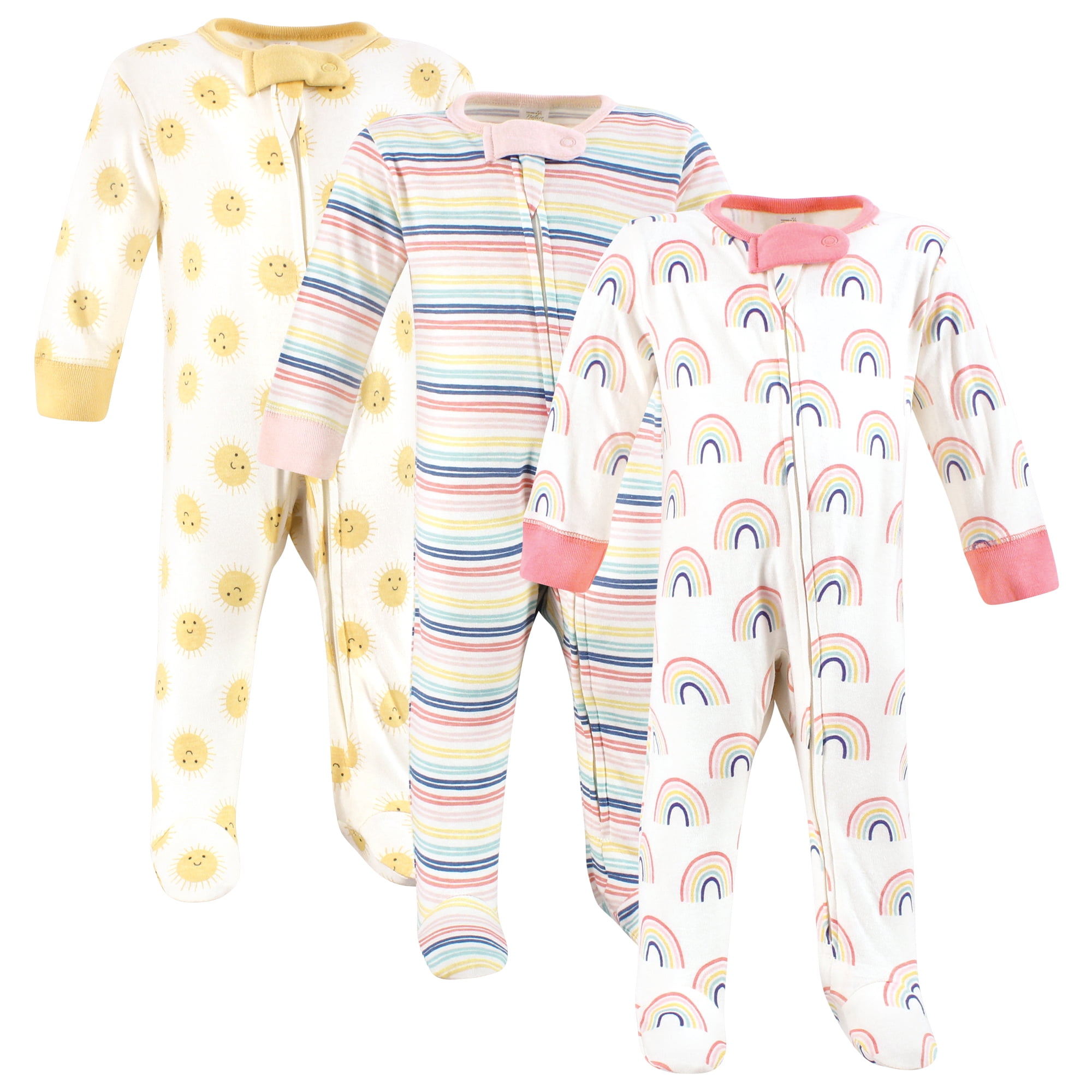 Touched by Nature Baby Girls Organic Cotton Sleep and Play, Rainbows And Sunshine, 0-3 Months