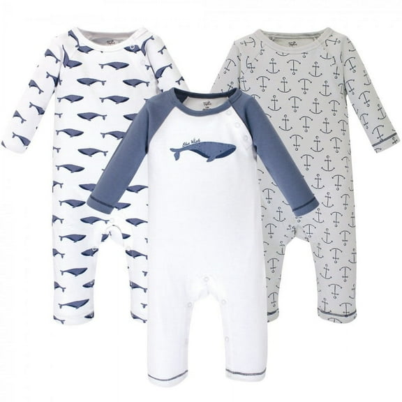 Touched by Nature Baby Organic Cotton Coveralls 3pk, Blue Whale, 0-3 Months