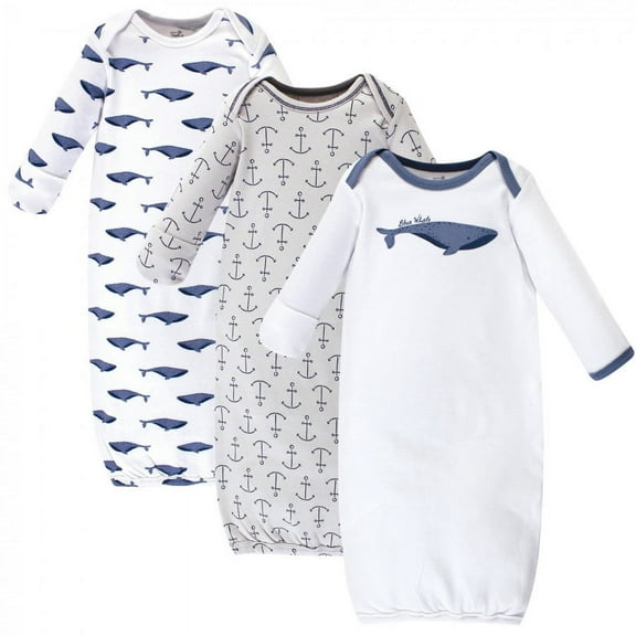 Touched by Nature Baby Organic Cotton Long-Sleeve Gowns 3pk, Blue Whale, 0-6 Months