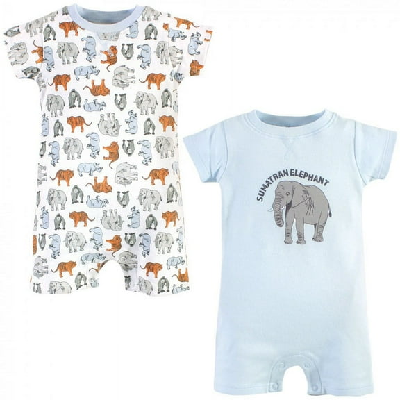 Touched by Nature Baby Organic Cotton Rompers 2pk, Endangered Elephant, 0-3 Months