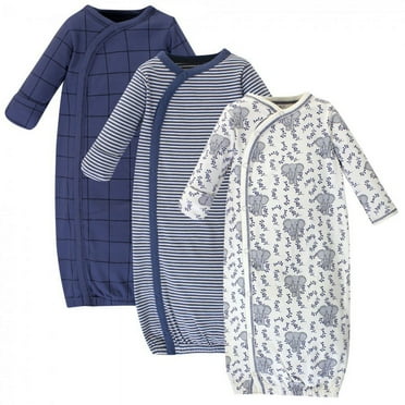 Touched by Nature Baby Organic Cotton Side-Closure Snap Long-Sleeve Gowns 3pk, Elephant, Preemie