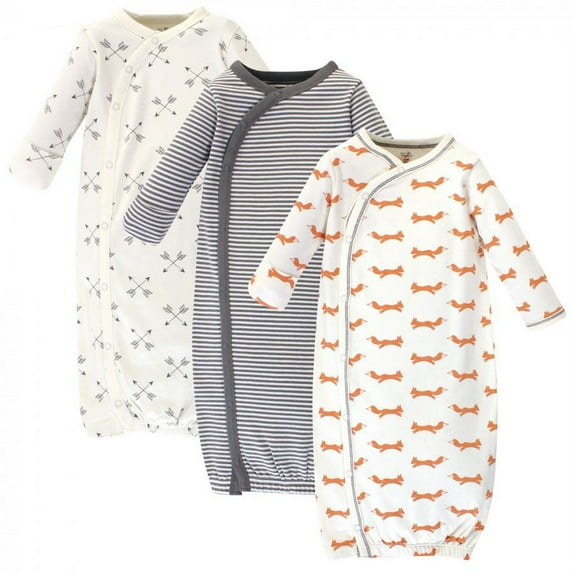 Touched by Nature Baby Organic Cotton Side-Closure Snap Long-Sleeve Gowns 3pk, Fox, 0-6 Months