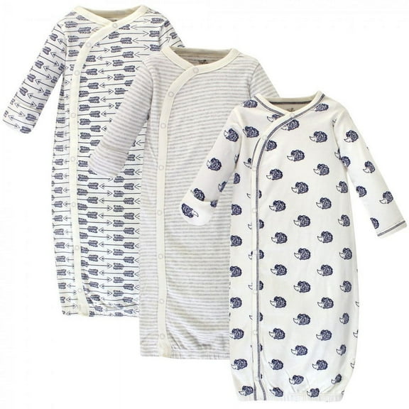 Touched by Nature Baby Organic Cotton Side-Closure Snap Long-Sleeve Gowns 3pk, Hedgehog, Preemie