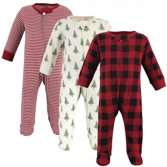 Touched by Nature Baby Organic Cotton Zipper Sleep and Play 3pk, Tree Plaid, 6-9 Months