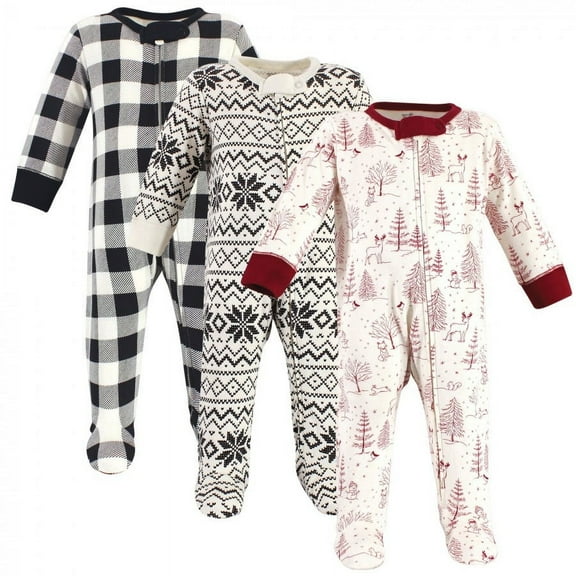 Touched by Nature Baby Organic Cotton Zipper Sleep and Play 3pk, Winter Woodland, 3-6 Months