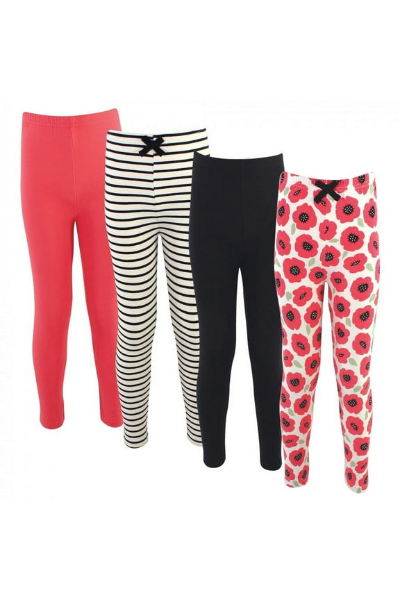 Baby, Toddler, Big Kids and Youth Girl Organic Cotton Leggings 4pk, Poppy, 0-3 Months