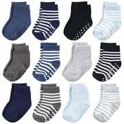 Touched by Nature Baby and Toddler Boy Organic Cotton Socks with Non-Skid Gripper for Fall Resistance, Blue, 2-4 Toddler