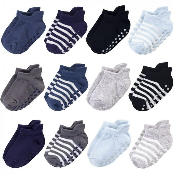 Touched by Nature Baby and Toddler Boy Organic Cotton Socks with Non-Skid Gripper for Fall Resistance, Blue Black, 12-24 Months