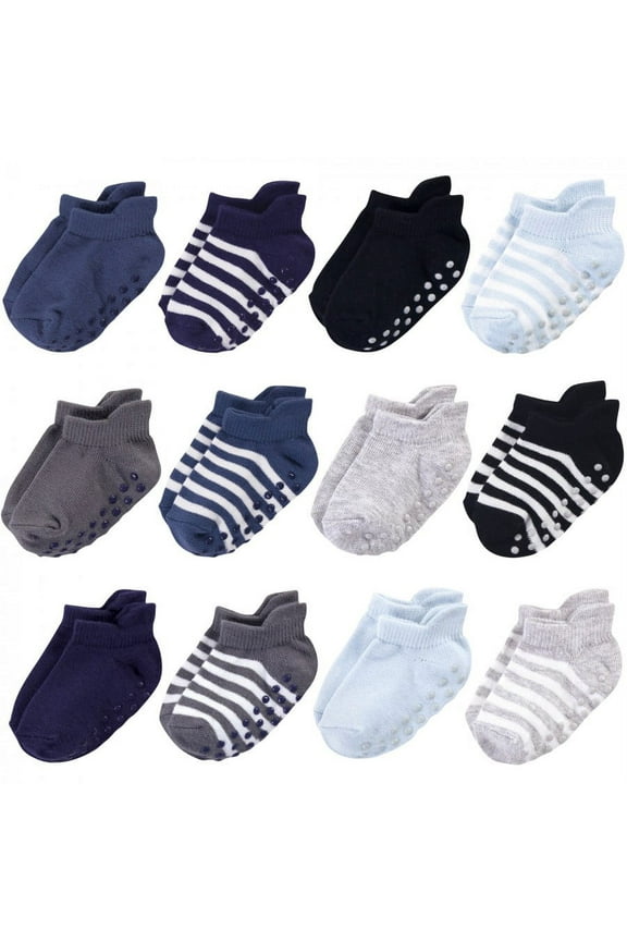 Baby and Toddler Boy Organic Cotton Socks with Non-Skid Gripper for Fall Resistance, Blue Black, 12-24 Months
