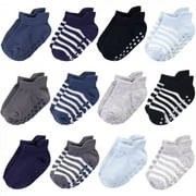 Touched by Nature Baby and Toddler Boy Organic Cotton Socks with Non-Skid Gripper for Fall Resistance, Blue Black, 6-12 Months