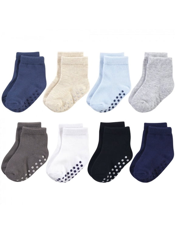 Baby and Toddler Boy Organic Cotton Socks with Non-Skid Gripper for Fall Resistance, Solid Black Blue, 12-24 Months