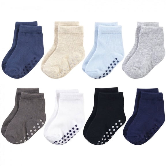 Touched by Nature Baby and Toddler Boy Organic Cotton Socks with Non-Skid Gripper for Fall Resistance, Solid Black Blue, 12-24 Months