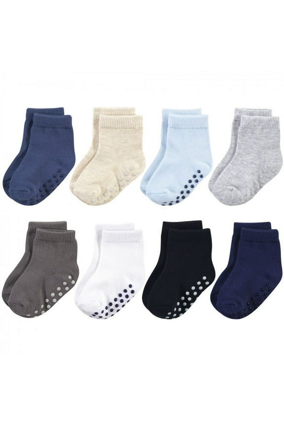 Baby and Toddler Boy Organic Cotton Socks with Non-Skid Gripper for Fall Resistance, Solid Black Blue, 6-12 Months