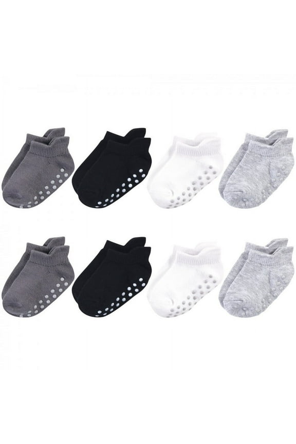 Baby and Toddler Boy Organic Cotton Socks with Non-Skid Gripper for Fall Resistance, Solid Black Gray, 6-12 Months