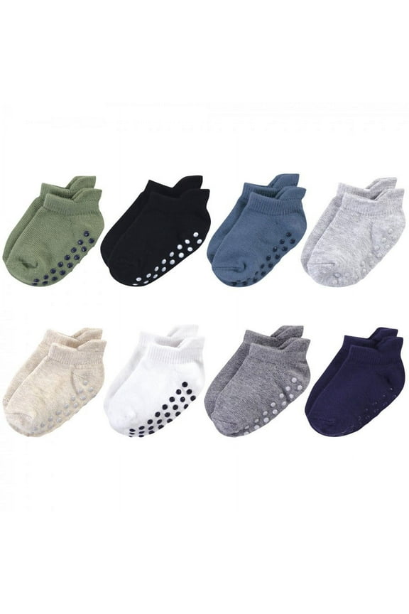 Baby and Toddler Boy Organic Cotton Socks with Non-Skid Gripper for Fall Resistance, Solid Blue Black, 2-4 Toddler