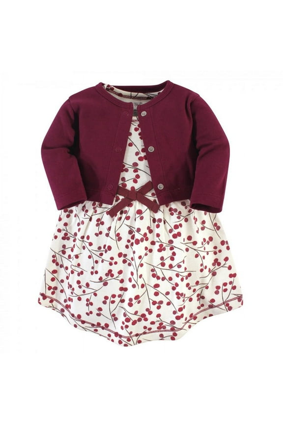 Baby and Toddler Girl Organic Cotton Dress and Cardigan 2pc Set, Berry Branch, 12-18 Months
