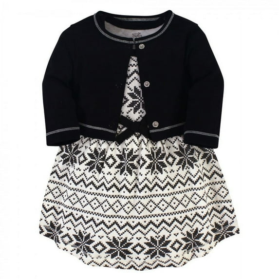 Touched by Nature Baby and Toddler Girl Organic Cotton Dress and Cardigan 2pc Set, Black Fair Isle, 3-6 Months