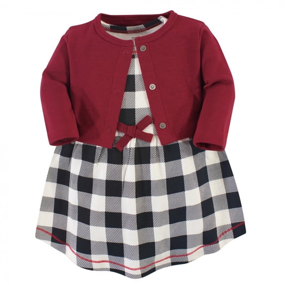 Touched by Nature Baby and Toddler Girl Organic Cotton Dress and Cardigan 2pc Set, Black Plaid, 4 Toddler