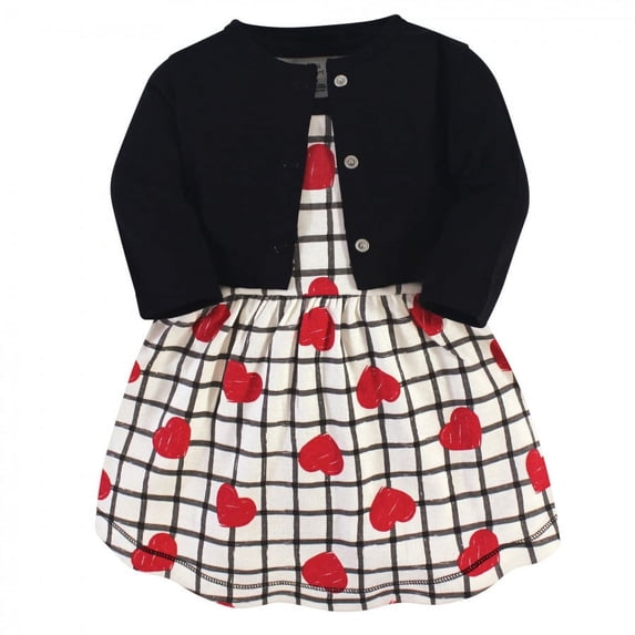 Touched by Nature Baby and Toddler Girl Organic Cotton Dress and Cardigan 2pc Set, Black Red Heart, 3 Toddler