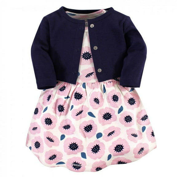 Touched by Nature Baby and Toddler Girl Organic Cotton Dress and Cardigan 2pc Set, Blossoms, 5 Toddler