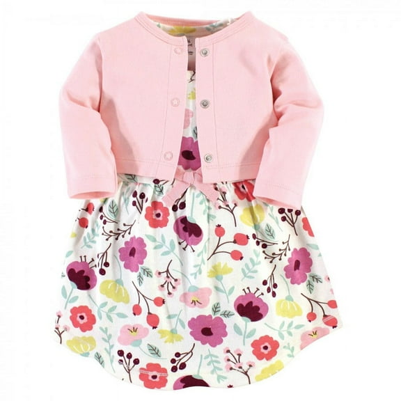 Touched by Nature Baby and Toddler Girl Organic Cotton Dress and Cardigan 2pc Set, Botanical, 18-24 Months