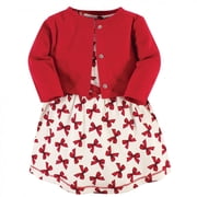 Touched by Nature Baby and Toddler Girl Organic Cotton Dress and Cardigan 2pc Set, Bows, 0-3 Months