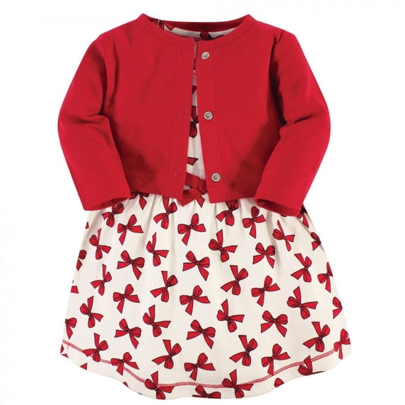 Touched by Nature Baby and Toddler Girl Organic Cotton Dress and Cardigan 2pc Set, Bows, 2 Toddler