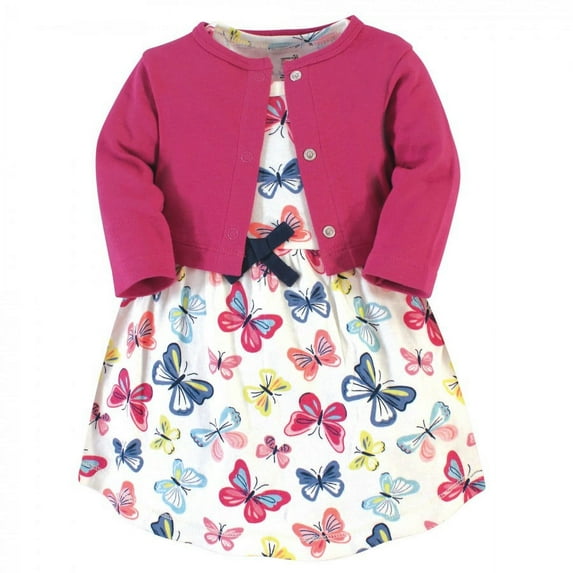 Touched by Nature Baby and Toddler Girl Organic Cotton Dress and Cardigan 2pc Set, Bright Butterflies, 12-18 Months