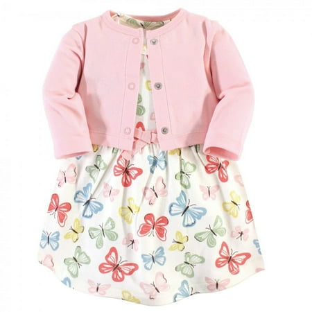 Touched by Nature Baby and Toddler Girl Organic Cotton Dress and Cardigan 2pc Set, Butterflies, 9-12 Months