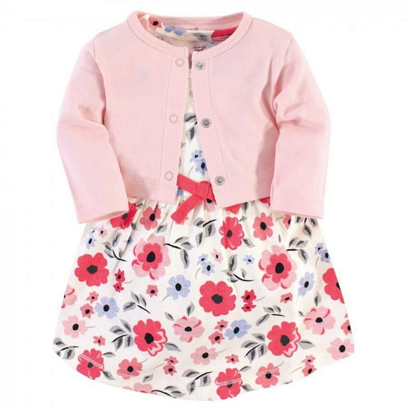 Touched by Nature Baby and Toddler Girl Organic Cotton Dress and Cardigan 2pc Set, Coral Garden, 0-3 Months
