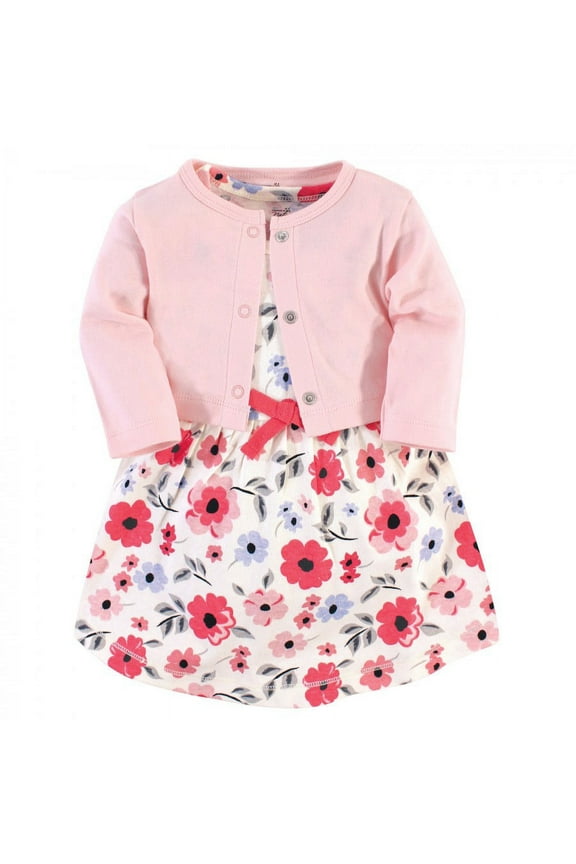 Baby and Toddler Girl Organic Cotton Dress and Cardigan 2pc Set, Coral Garden, 0-3 Months