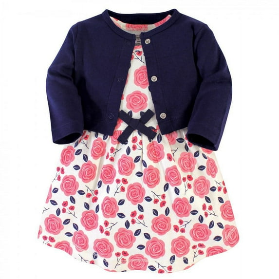Touched by Nature Baby and Toddler Girl Organic Cotton Dress and Cardigan 2pc Set, Coral Rose, 6-9 Months