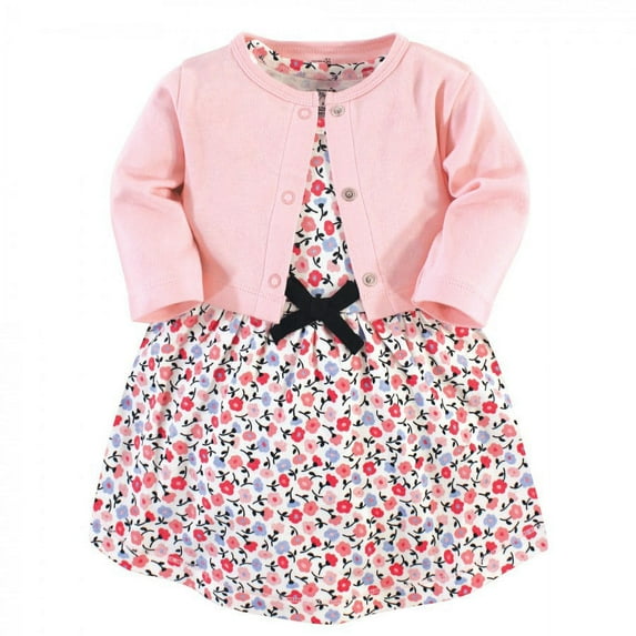 Touched by Nature Baby and Toddler Girl Organic Cotton Dress and Cardigan 2pc Set, Ditsy Floral, 18-24 Months