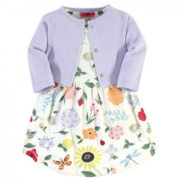 Touched by Nature Baby and Toddler Girl Organic Cotton Dress and Cardigan 2pc Set, Flutter Garden, 2 Toddler