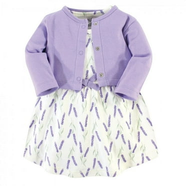 Touched by Nature Baby and Toddler Girl Organic Cotton Dress and Cardigan 2pc Set, Lavender, 0-3 Months