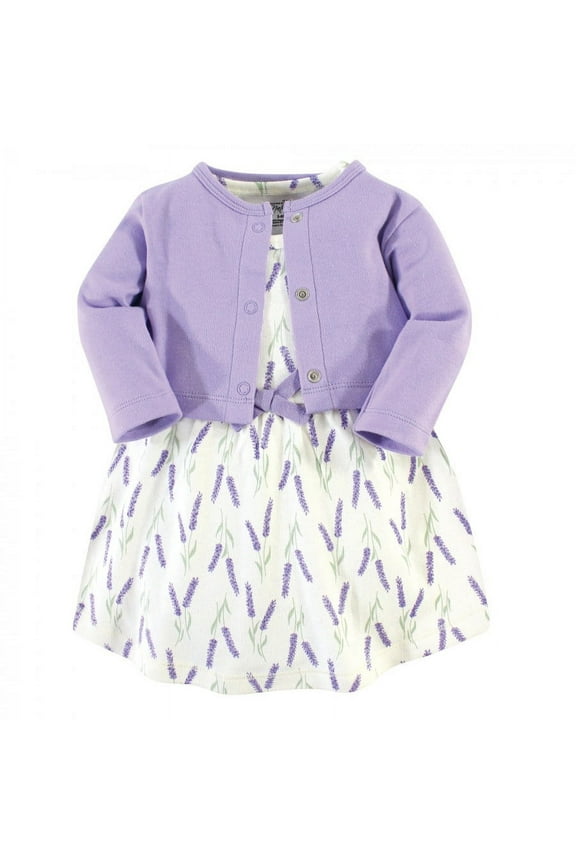 Baby and Toddler Girl Organic Cotton Dress and Cardigan 2pc Set, Lavender, 12-18 Months