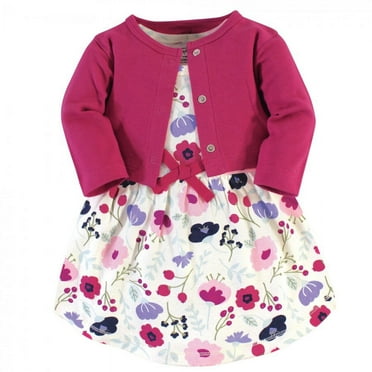 Touched by Nature Baby and Toddler Girl Organic Cotton Dress and Cardigan 2pc Set, Pink Botanical, 18-24 Months