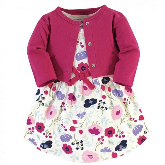 Touched by Nature Baby and Toddler Girl Organic Cotton Dress and Cardigan 2pc Set, Pink Botanical, 9-12 Months