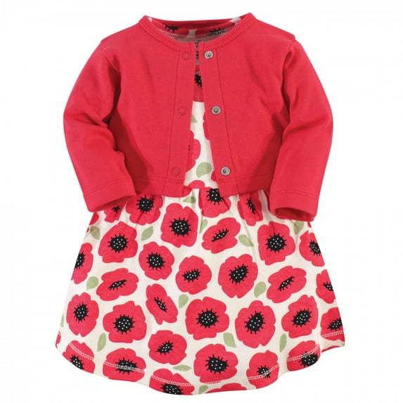 Touched by Nature Baby and Toddler Girl Organic Cotton Dress and Cardigan 2pc Set, Poppy, 12-18 Months
