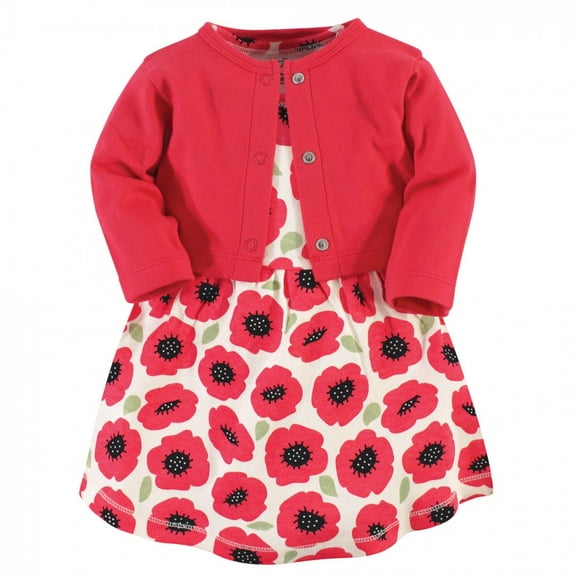 Touched by Nature Baby and Toddler Girl Organic Cotton Dress and Cardigan 2pc Set, Poppy, 3 Toddler