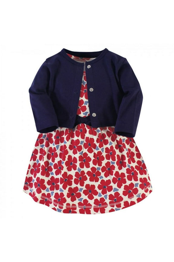 Baby and Toddler Girl Organic Cotton Dress and Cardigan 2pc Set, Red Flowers, 3-6 Months