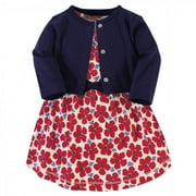 Touched by Nature Baby and Toddler Girl Organic Cotton Dress and Cardigan 2pc Set, Red Flowers, 4 Toddler