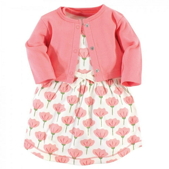 Touched by Nature Baby and Toddler Girl Organic Cotton Dress and Cardigan 2pc Set, Tulip, 18-24 Months