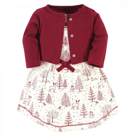 Touched by Nature Baby and Toddler Girl Organic Cotton Dress and Cardigan 2pc Set, Winter Woodland, 2 Toddler