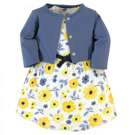 Touched by Nature Baby and Toddler Girl Organic Cotton Dress and Cardigan 2pc Set, Yellow Garden, 2 Toddler