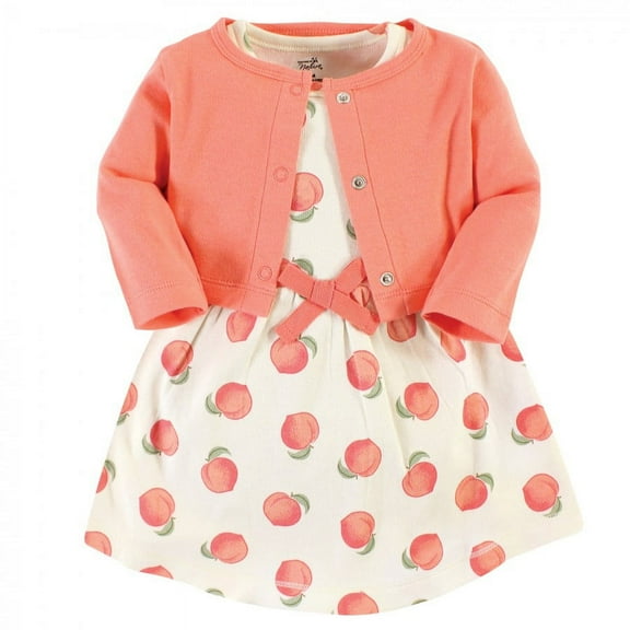 Touched by Nature Baby and Toddler Girl Organic Cotton Dress and Cardigan, Peach, 3 Toddler