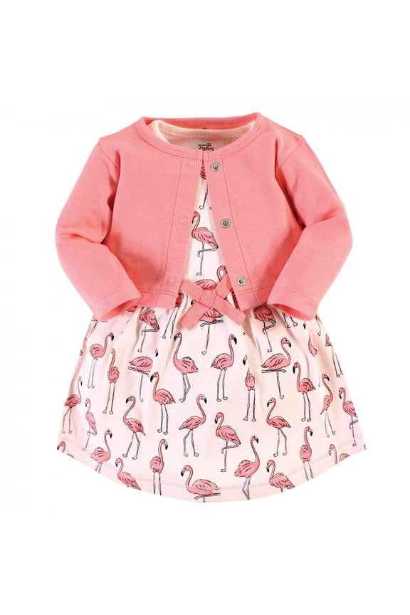 Baby and Toddler Girl Organic Cotton Dress and Cardigan, Pink Flamingo, 3 Toddler