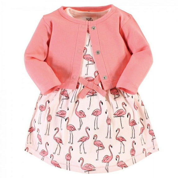 Touched by Nature Baby and Toddler Girl Organic Cotton Dress and Cardigan, Pink Flamingo, 3 Toddler
